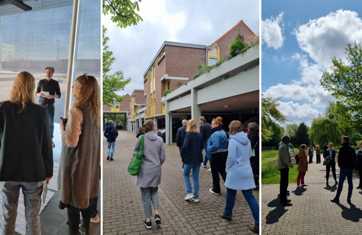 Impressies van de erfgoed-labs in Almere, Hengelo en Frederiksoord. In drie foto's zie je de deelnemers op de rug.