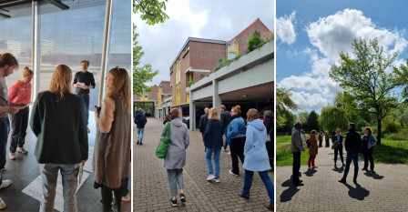 Impressies van de erfgoed-labs in Almere, Hengelo en Frederiksoord. In drie foto's zie je de deelnemers op de rug.